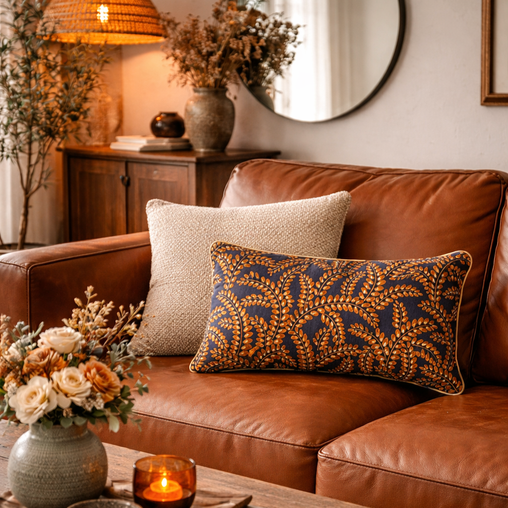 Salon chaleureux avec coussins et fleurs