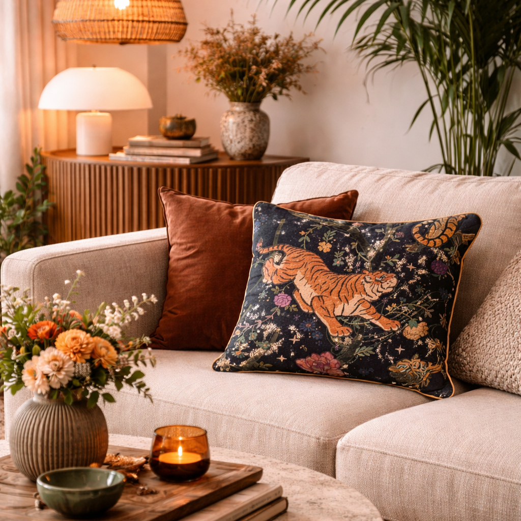 Salon éclectique avec coussin tigre